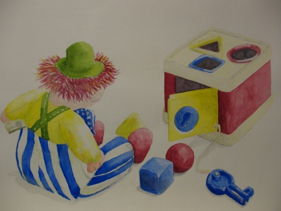 Clowntje - achteraanzicht - met puzzel, 30x40 cm, Aquarel 1997