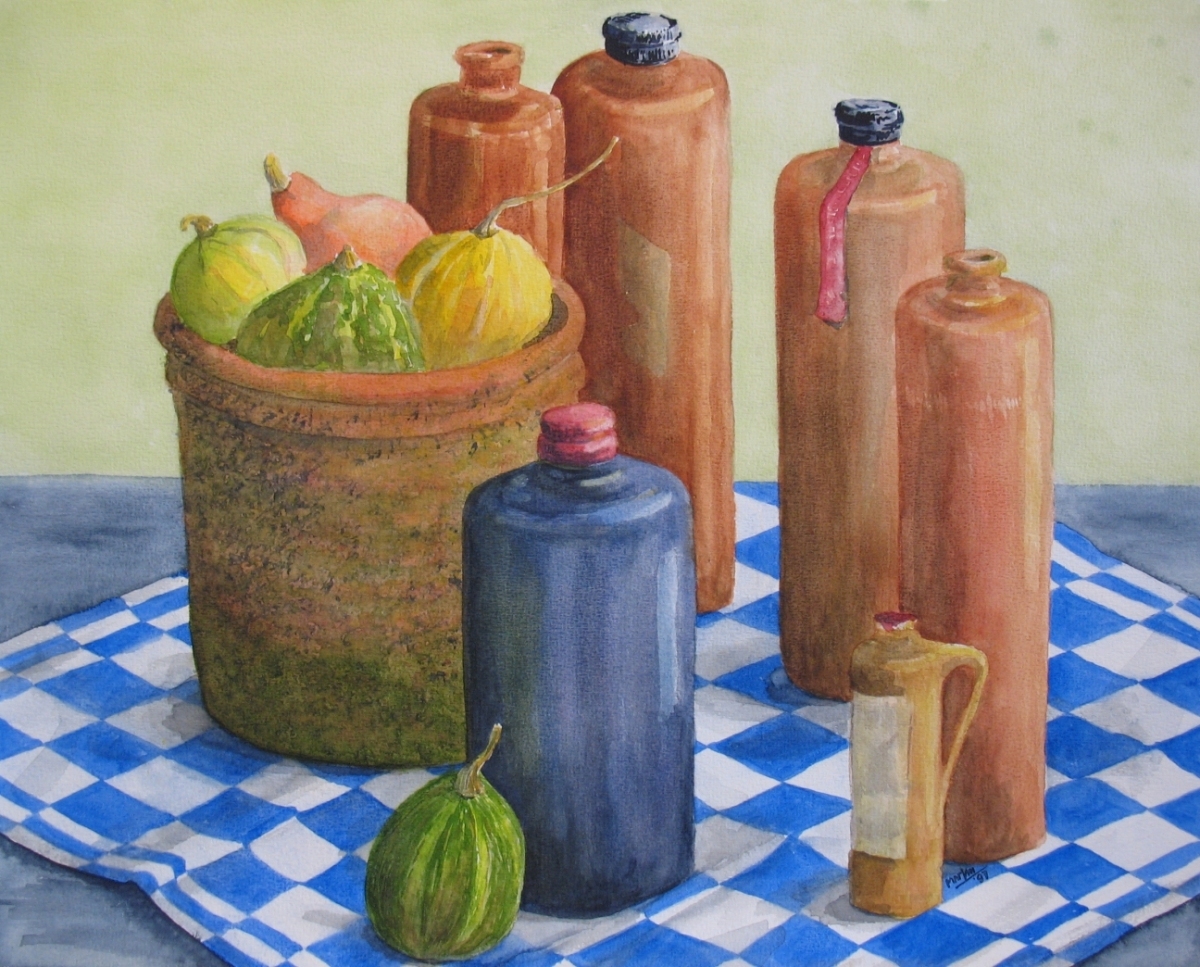 Kalebassen met stenen kruiken, 40x50 cm, Aquarel 1997