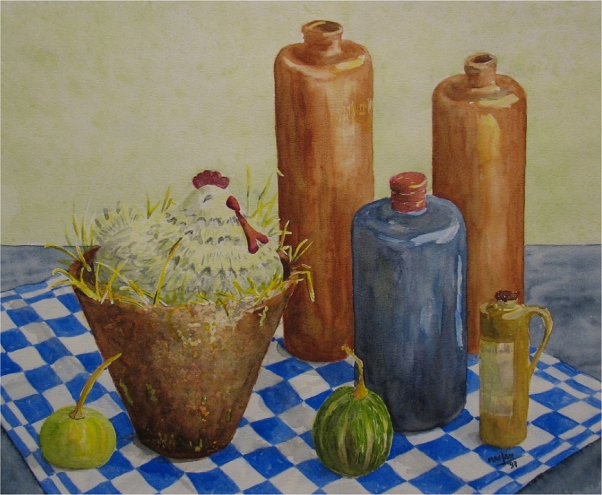 Broedse kip met stenen kruiken, 40x500 cm, Aquarel 1997