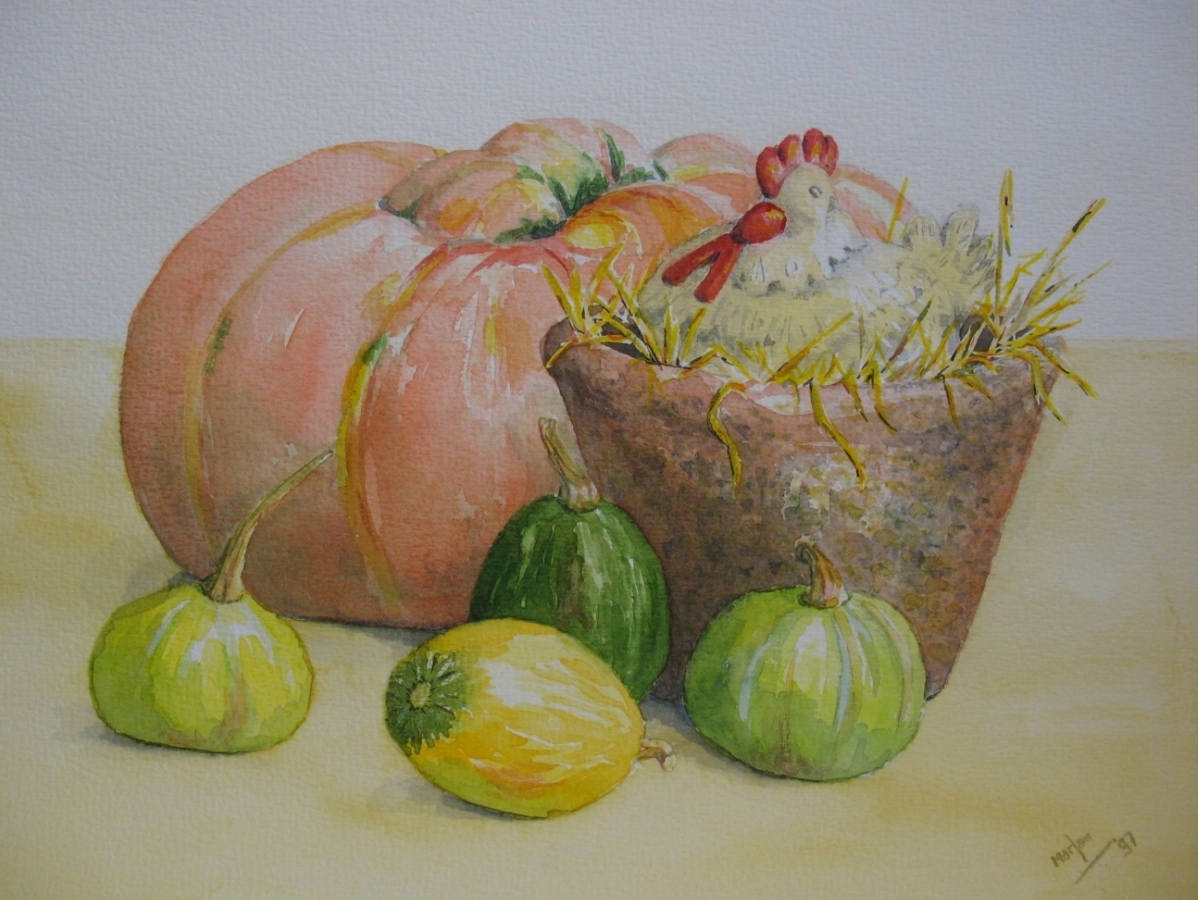 Broedse kip met pompoen, 24x30 cm, Aquarel 1998