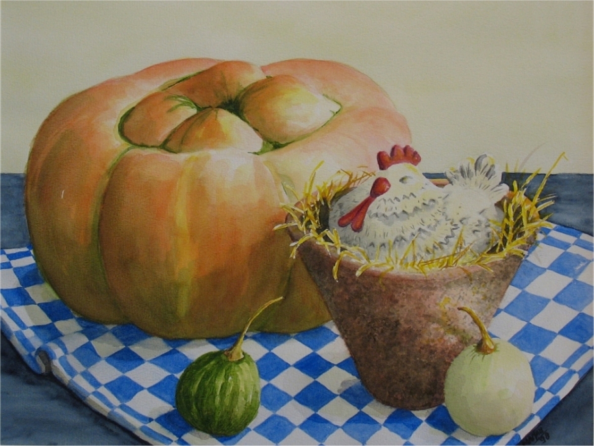 Broedse kip met pompoen op theedoek, 40x50 cm, Aquarel 1998