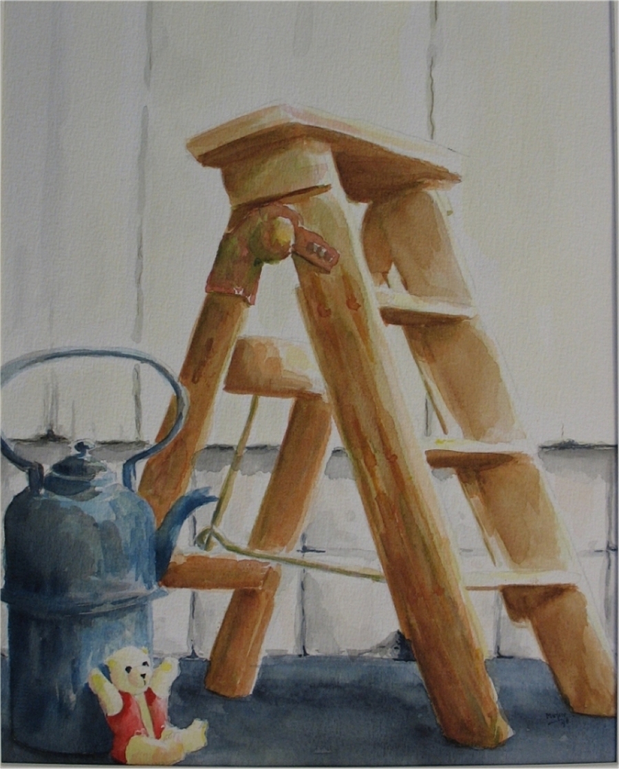 Houten trapje met oude waterketel en rood beertje, 40x50 cm, Aquarel 1998