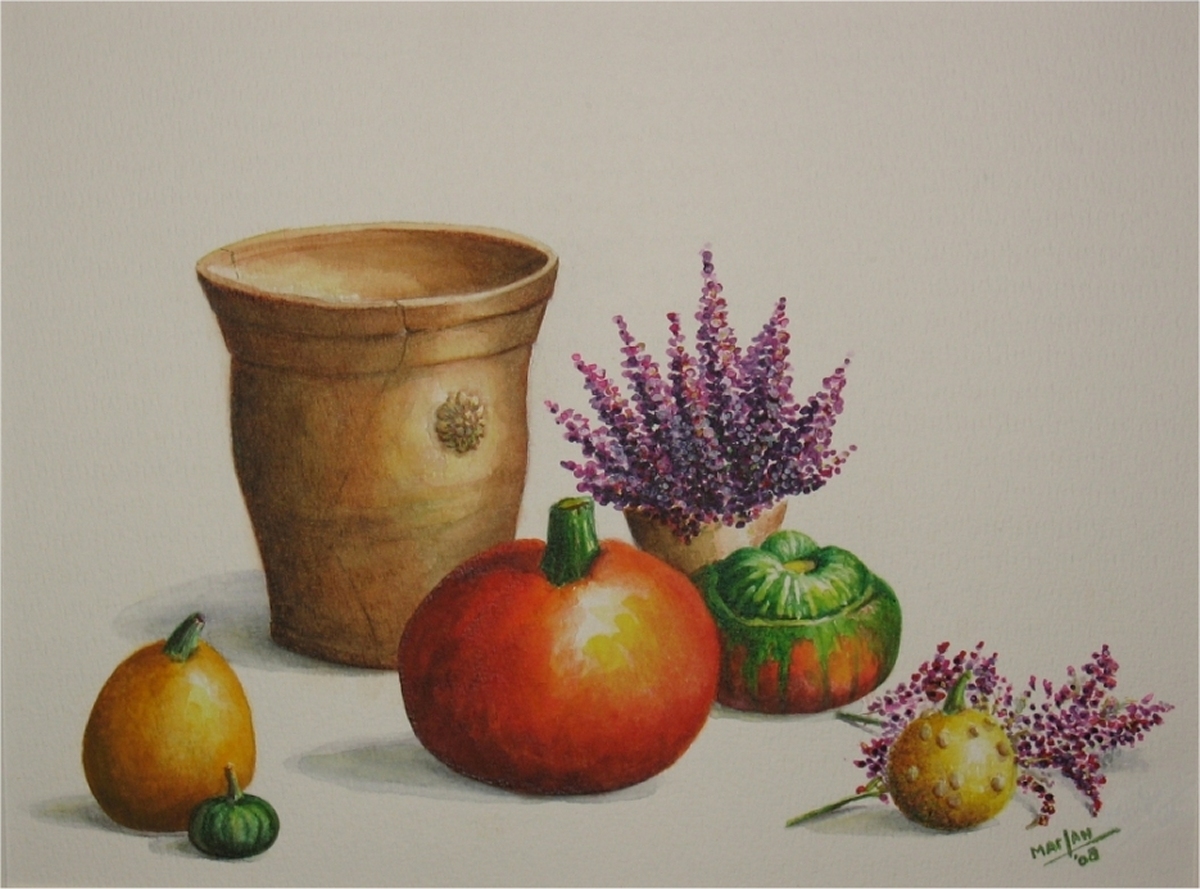 Stenen pot, pompoenen, kalebassen en heide, 30x40 cm, Aquarel 2008