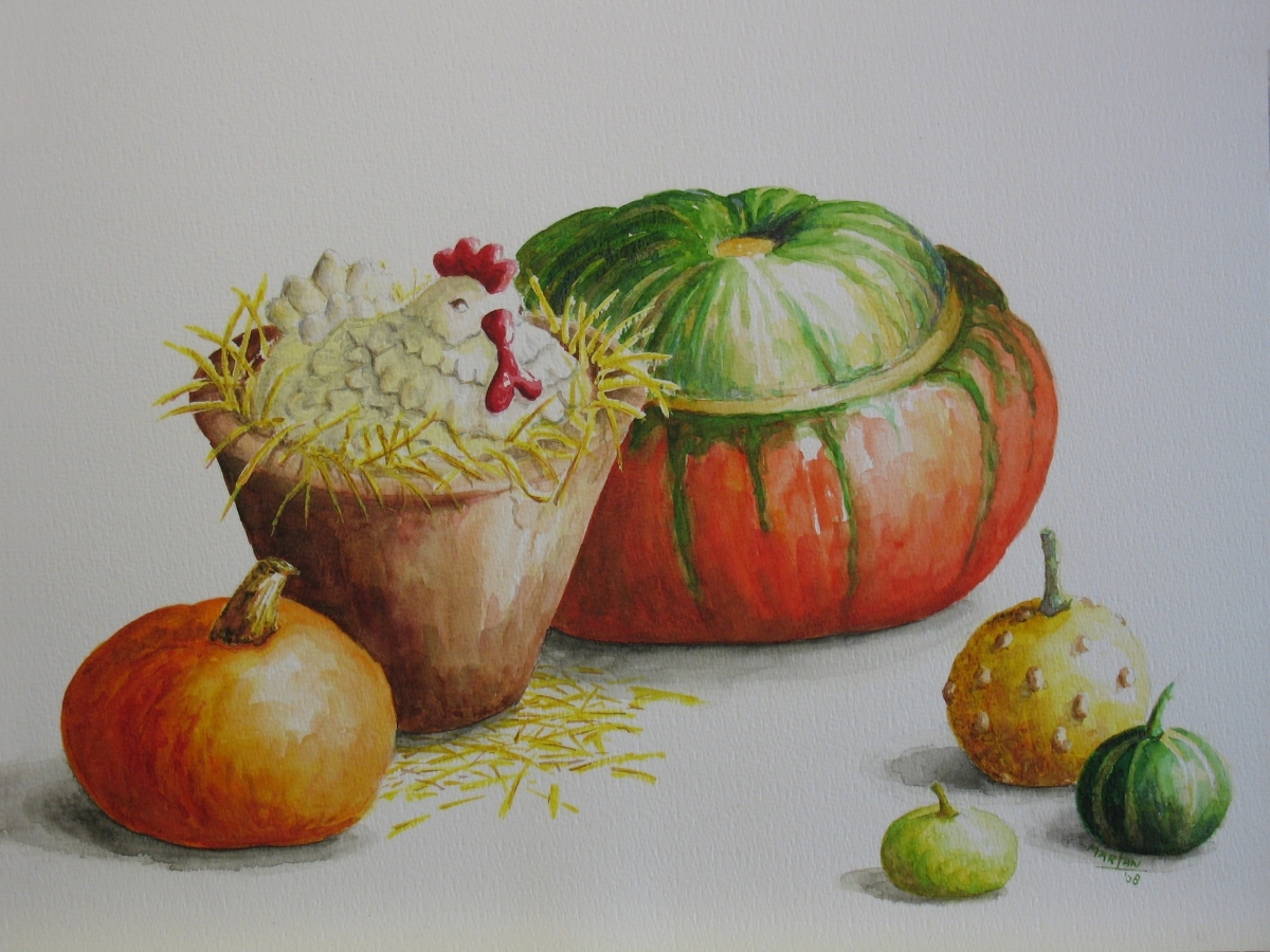 Broedse kip met kalebassen en pompoen, 30x40 cm, Aquarel 2008
