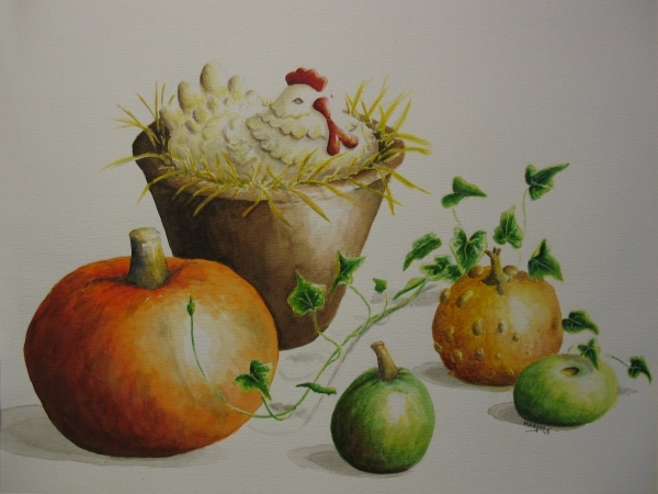 Broedse kip met kalebassen en pompoen, 30x40 cm, Aquarel 2008