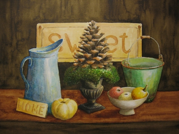 Denneappel, waterkan, emmer, 40x50 cm, Aquarel 2008